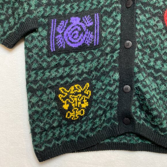 VINTAGE Saks Fifth Avenue Cardigan Sweater Patches WomensXL Green Mohair 80s - Picture 5 of 11